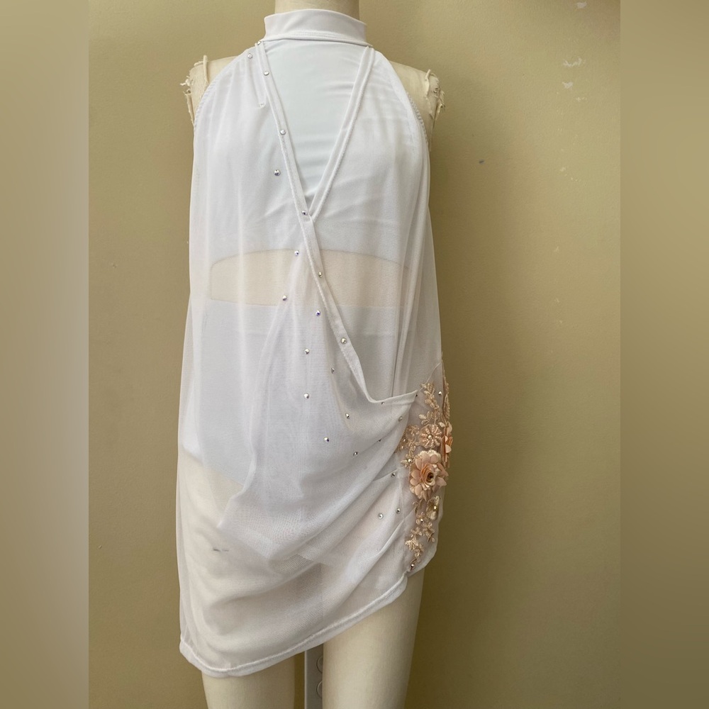 Artistic Dance Designs White Sheer Halter Dress w/ Floral Embellishments Kids LC